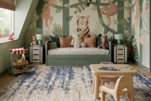 Bedroom with light blue and grey shag carpet by Nourison.