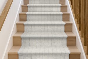 A camel and taupe stair runner with thin blue vertical lines down. | Stair Runners