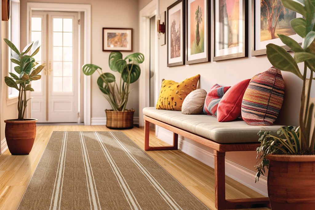 A brown indoor/outdoor rug with light stripes in a colorful hallway inside a door.