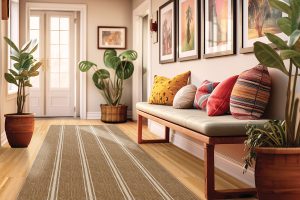 A brown indoor/outdoor rug with light stripes in a colorful hallway inside a door.