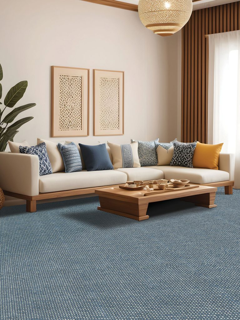 A blue broadloom carpet with a beige couch and coffee table.