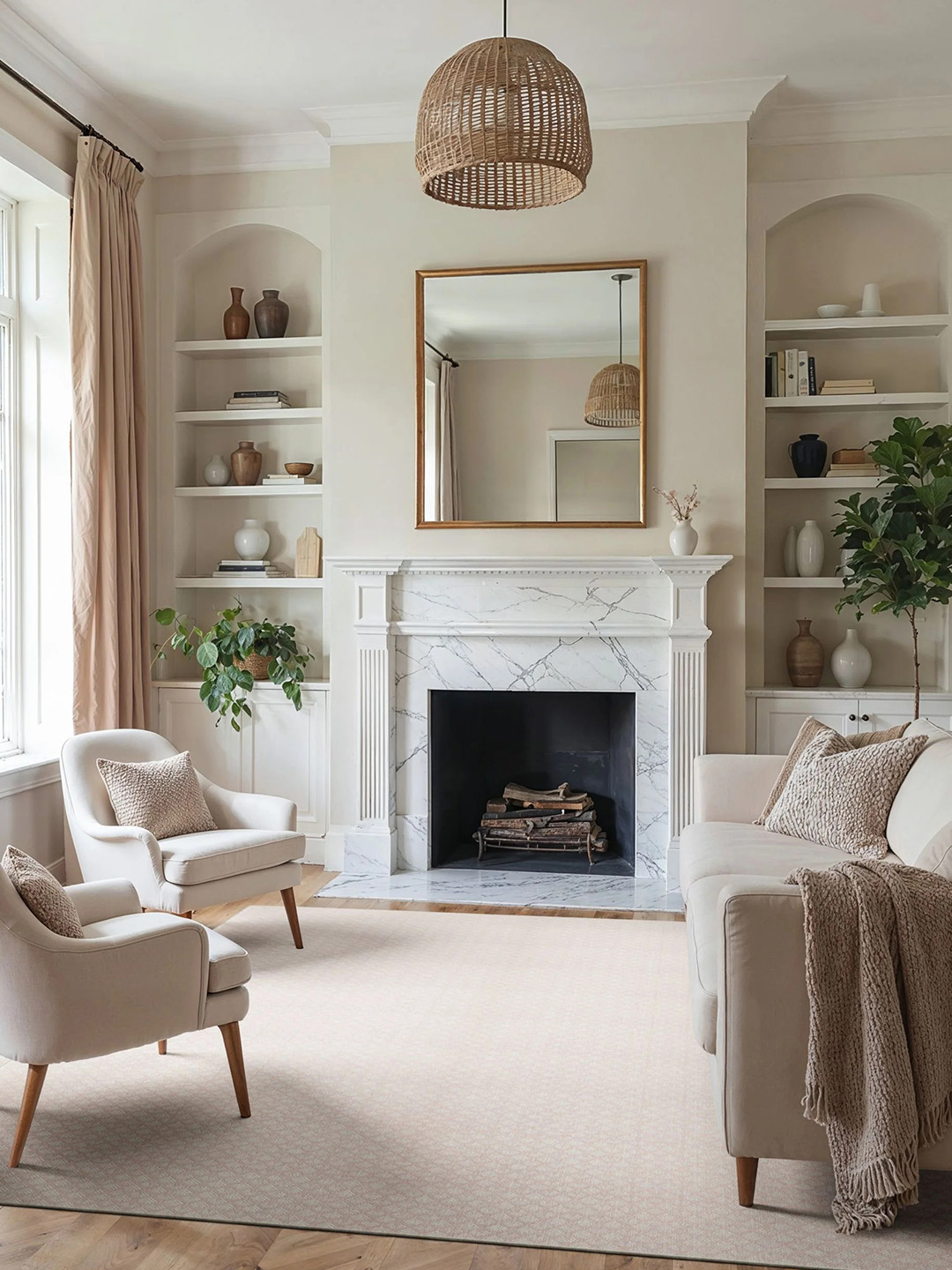 Light pink carpet by Prestige Mills with a cozy living room setup and fireplace.