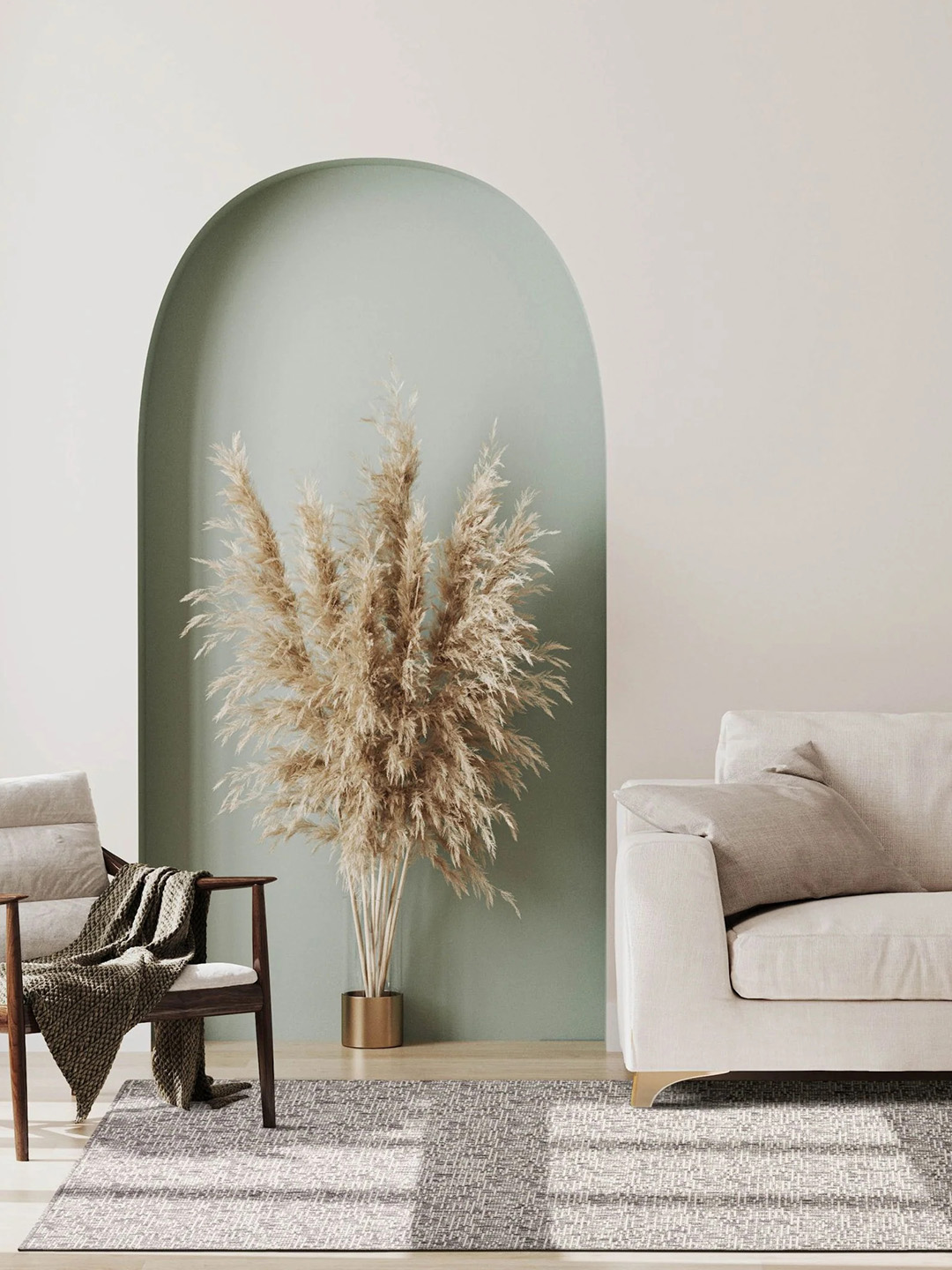 Gray carpet by Prestige Mills with a beige wall, beige furniture, and light green alcove.