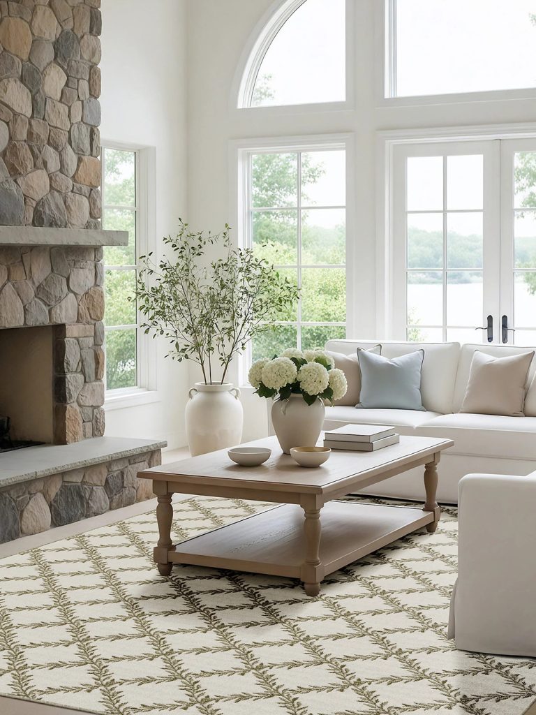 White carpet with a green diamond design in a living room setting.