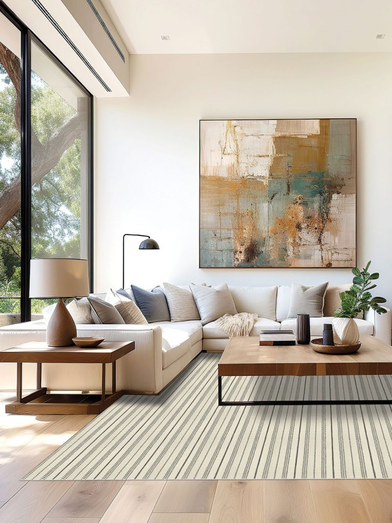 A neutral striped carpet cut to an area rug with light colored furniture, a wood table, and a large abstract painting.