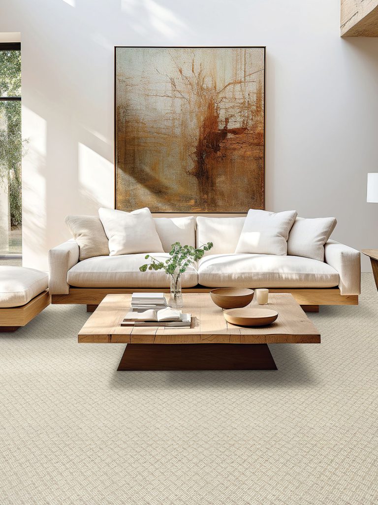 A neutral patterned carpet with light colored furniture, a wood table, and a large abstract painting.