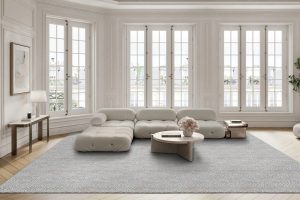A gray carpet cut to size in front of large windows with a neutral colored sofa.
