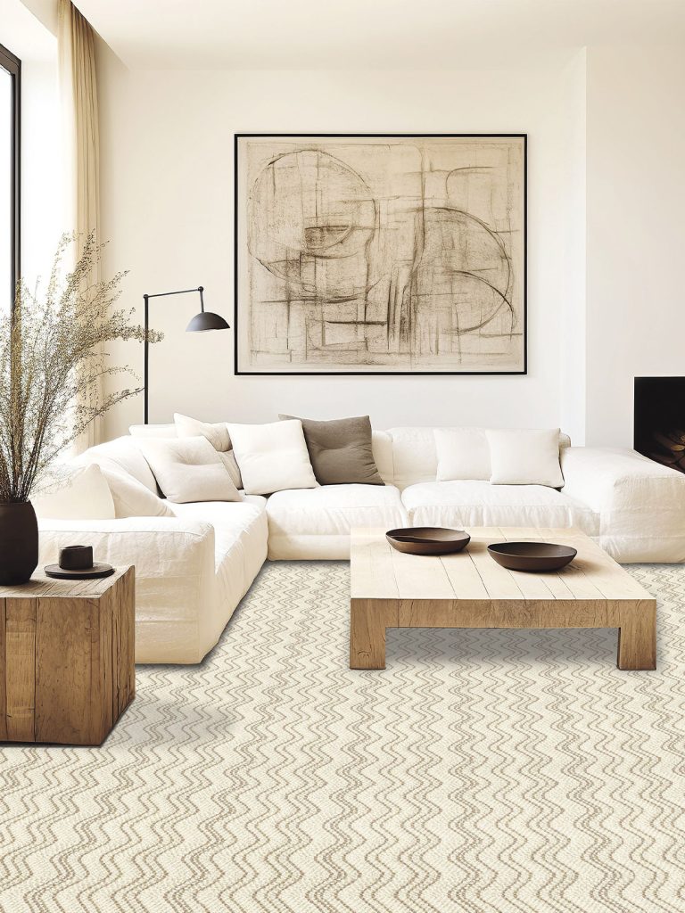 Light brown waves on a cream carpet with white and cream decor for our spring carpet inspo.