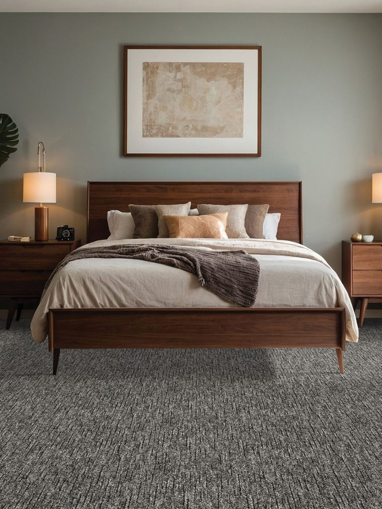 A dark brown patterned carpet with a cream bed and muted green walls for our spring carpet inspo.