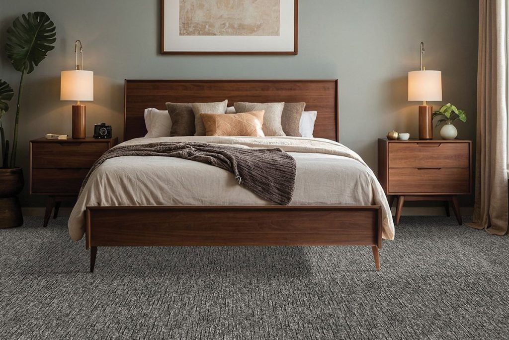 A dark brown patterned carpet with a cream bed and muted green walls for our spring carpet inspo.