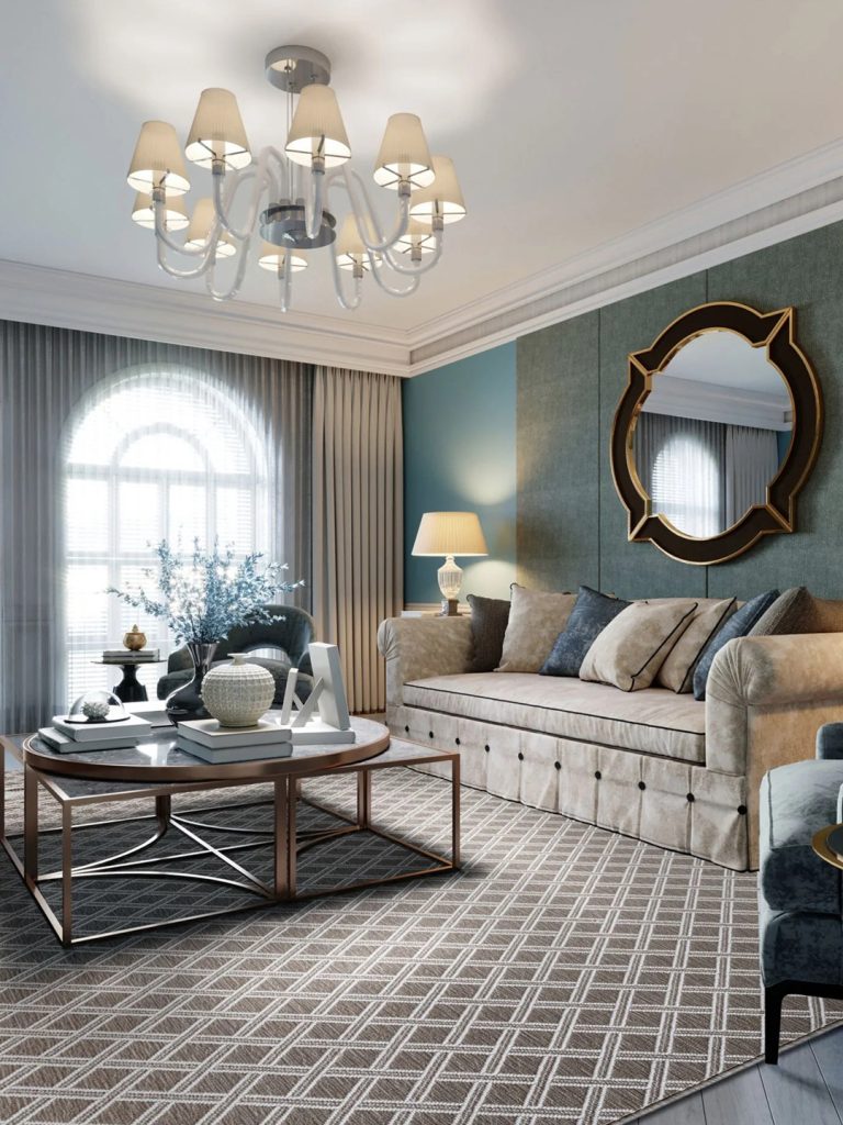 A white and brown diamond-patterned carpet in a living room setting.