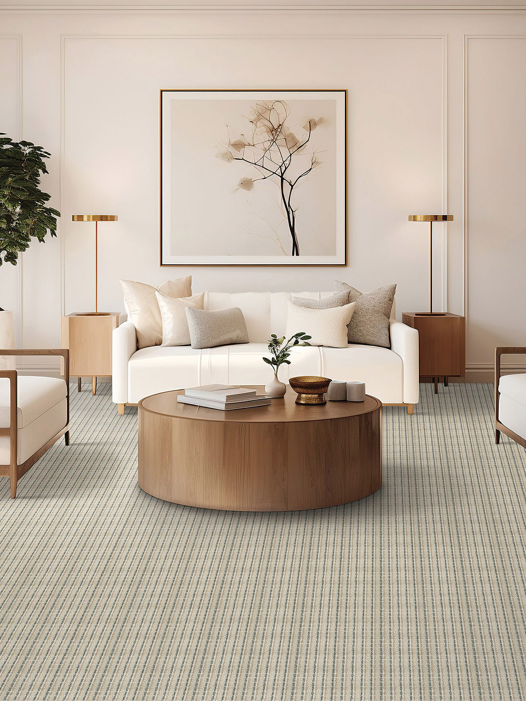A neutral colored striped carpet in a living room setting with a white couch and wood table.