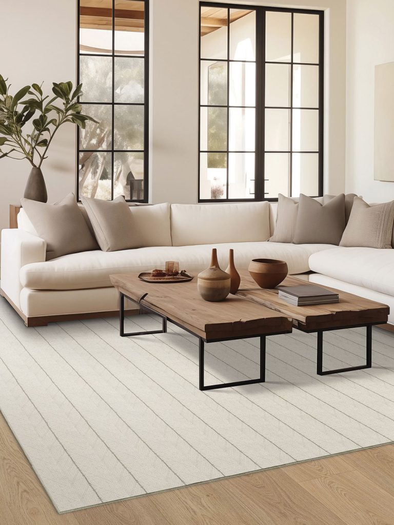 A white carpet with thin blue stripes spaced wide apartment in a living room setting with large windows.