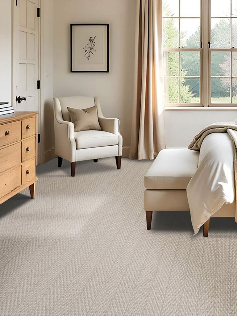 A subtle herringbone patterned carpet with beige furniture and a large window.