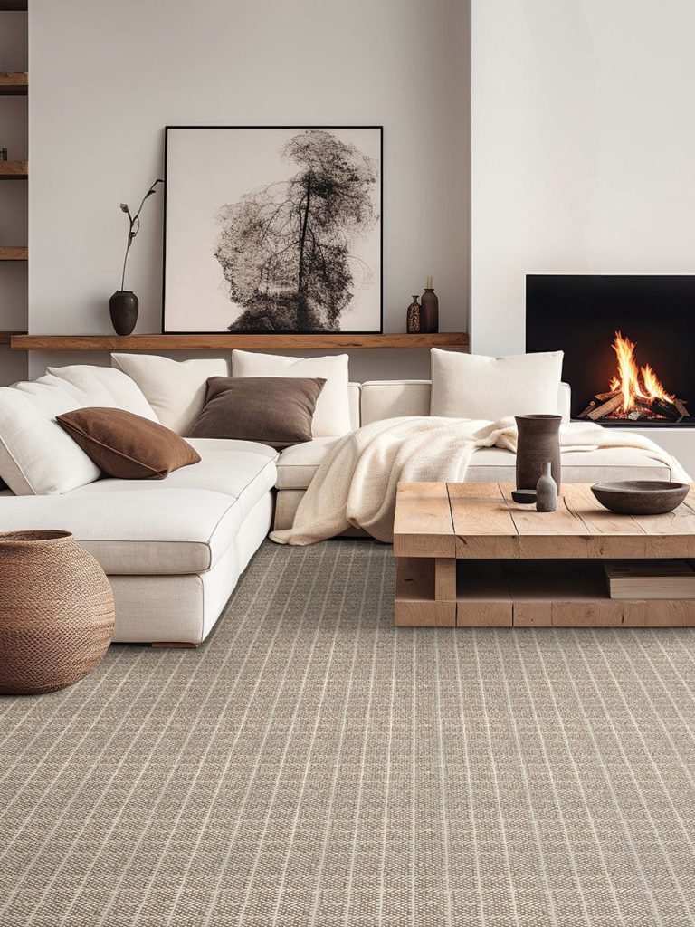 A brown square patterned residential carpet in a neutral living room setting.