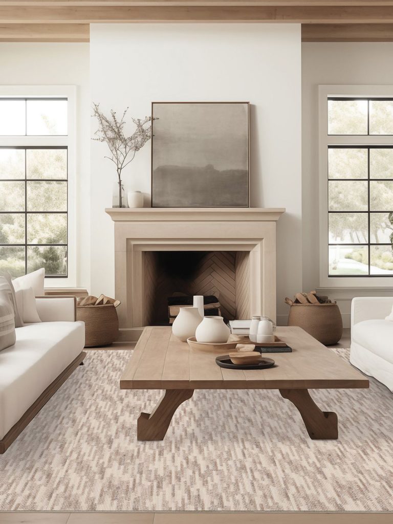 A brown patterned residential carpet in a neutral living room setting.
