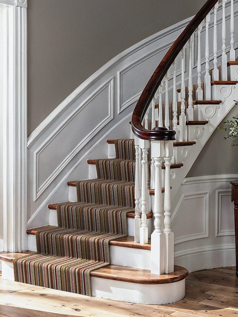 A neutral, multicolored striped carpet going up a staircase.