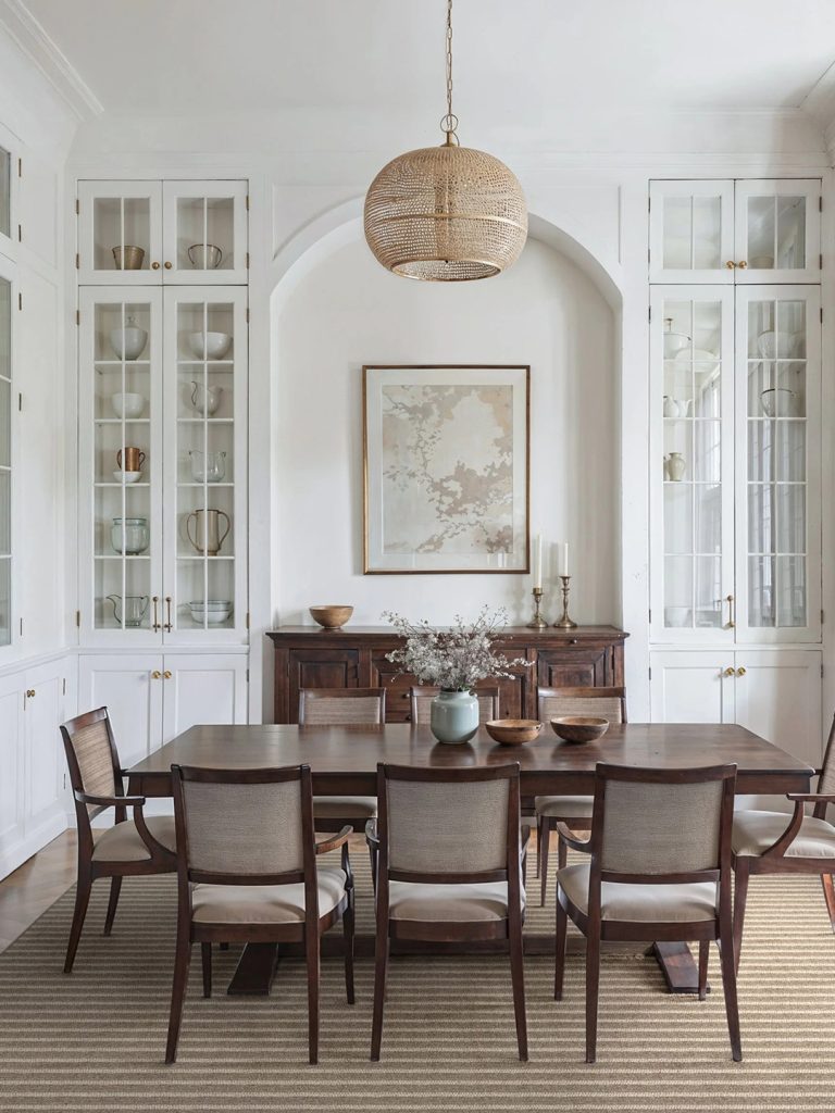 A brown striped residential carpet in a neutral dining room setting.