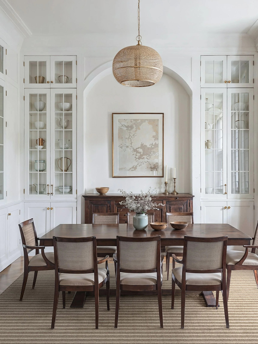 A brown striped residential carpet in a neutral dining room setting.