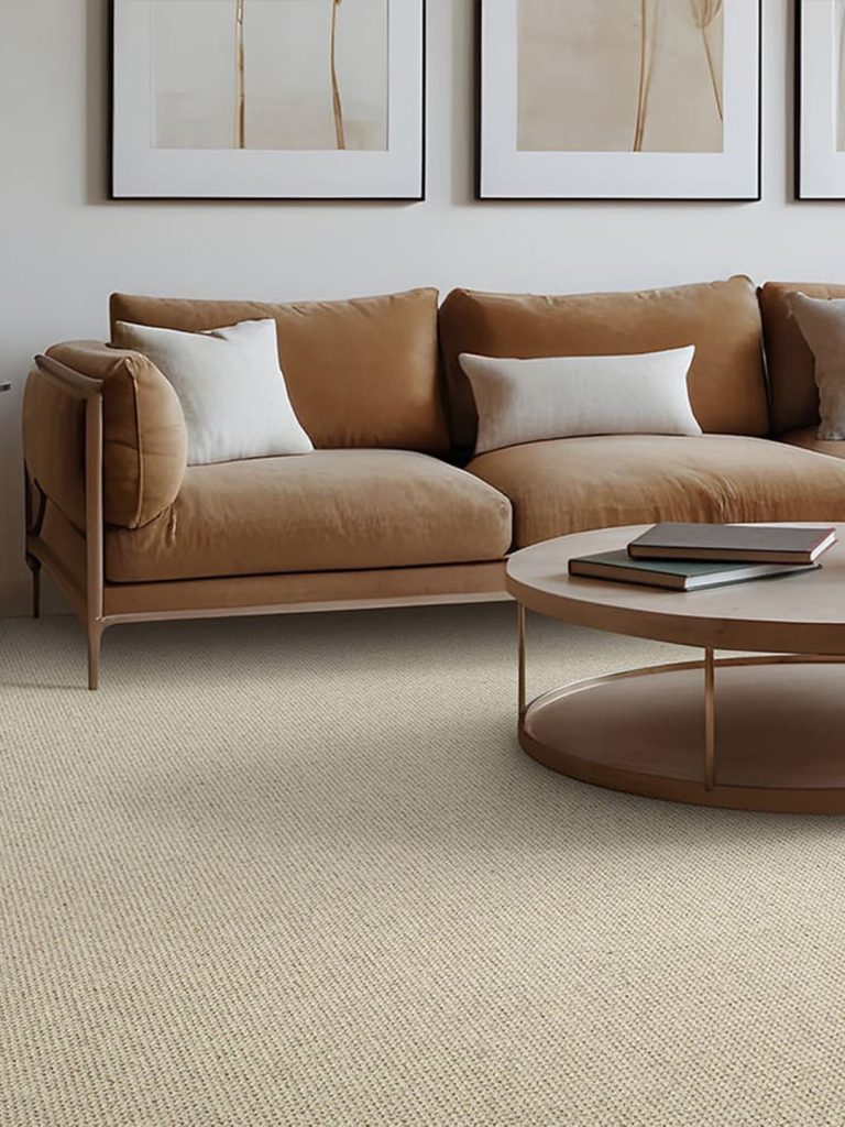 Beige residential carpet beneath a brown couch.