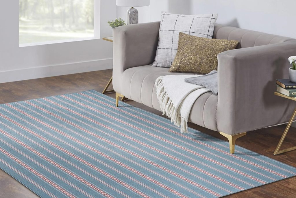 A blue and red striped residential carpet in a living room setting.