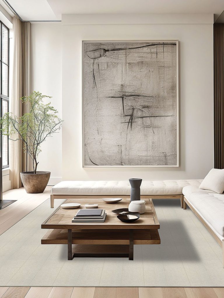 A cream colored carpet with stripes in a neutral living room setting.