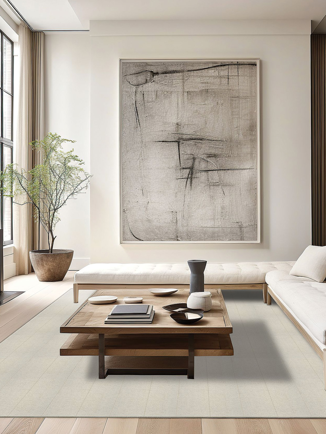 A cream colored carpet with stripes in a neutral living room setting.