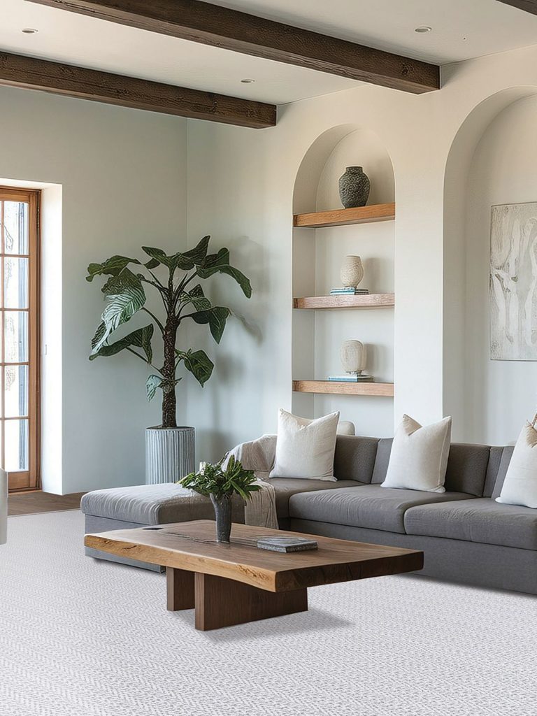 A gray patterned carpet in a living room setting.