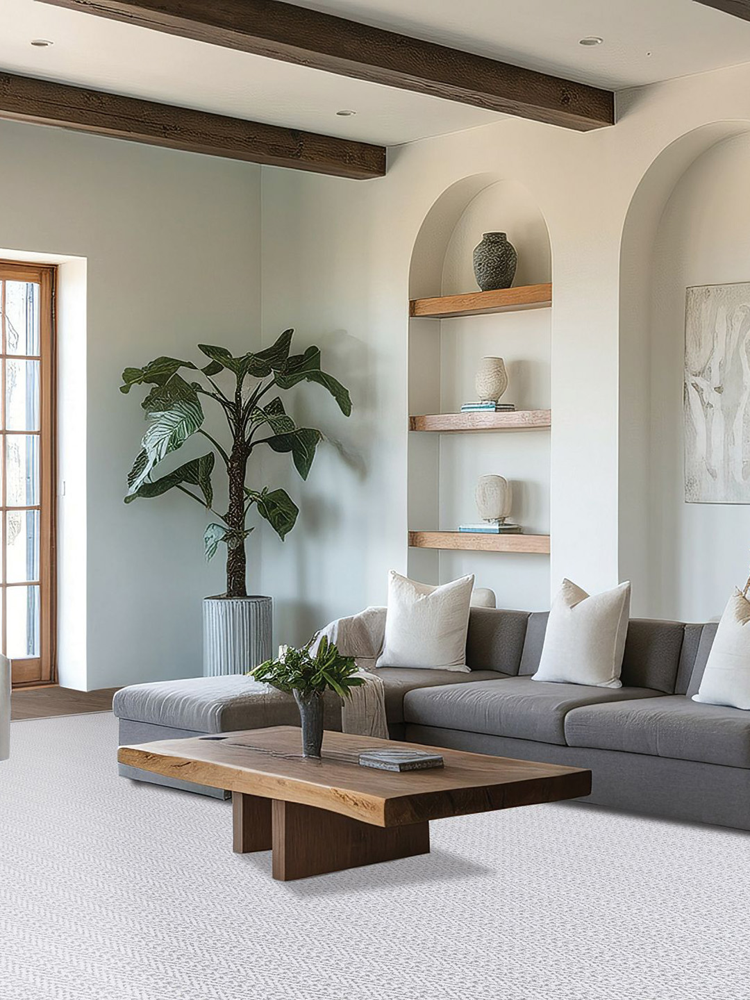 A gray patterned carpet in a living room setting.