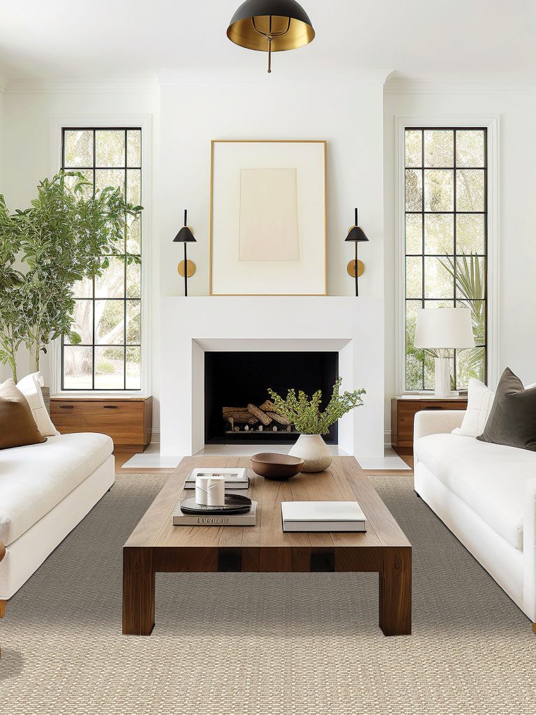 A brown patterned wool carpet beneath white sofas and a wood coffee table with a white fireplace in the background.