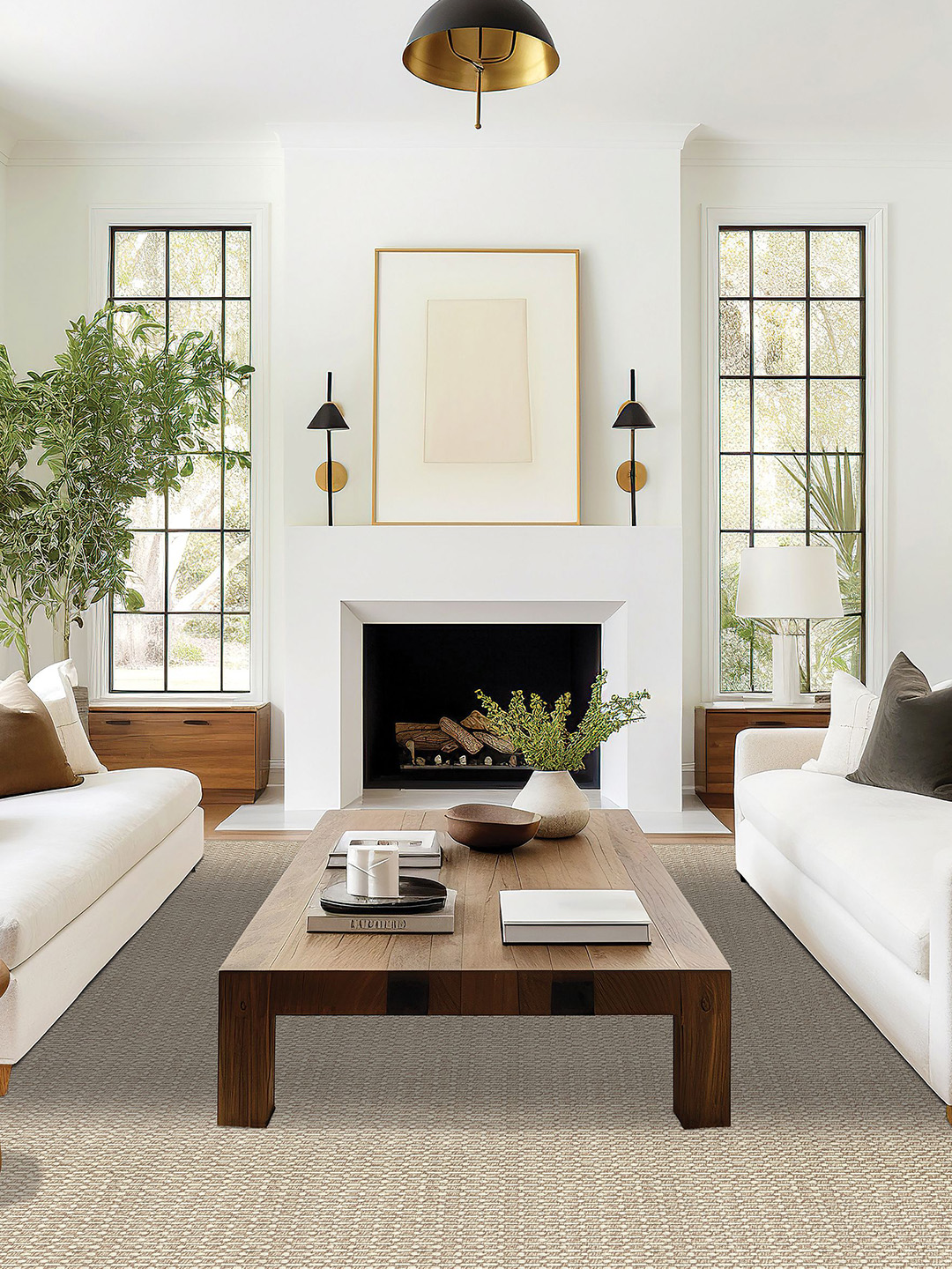 A brown patterned wool carpet beneath white sofas and a wood coffee table with a white fireplace in the background.