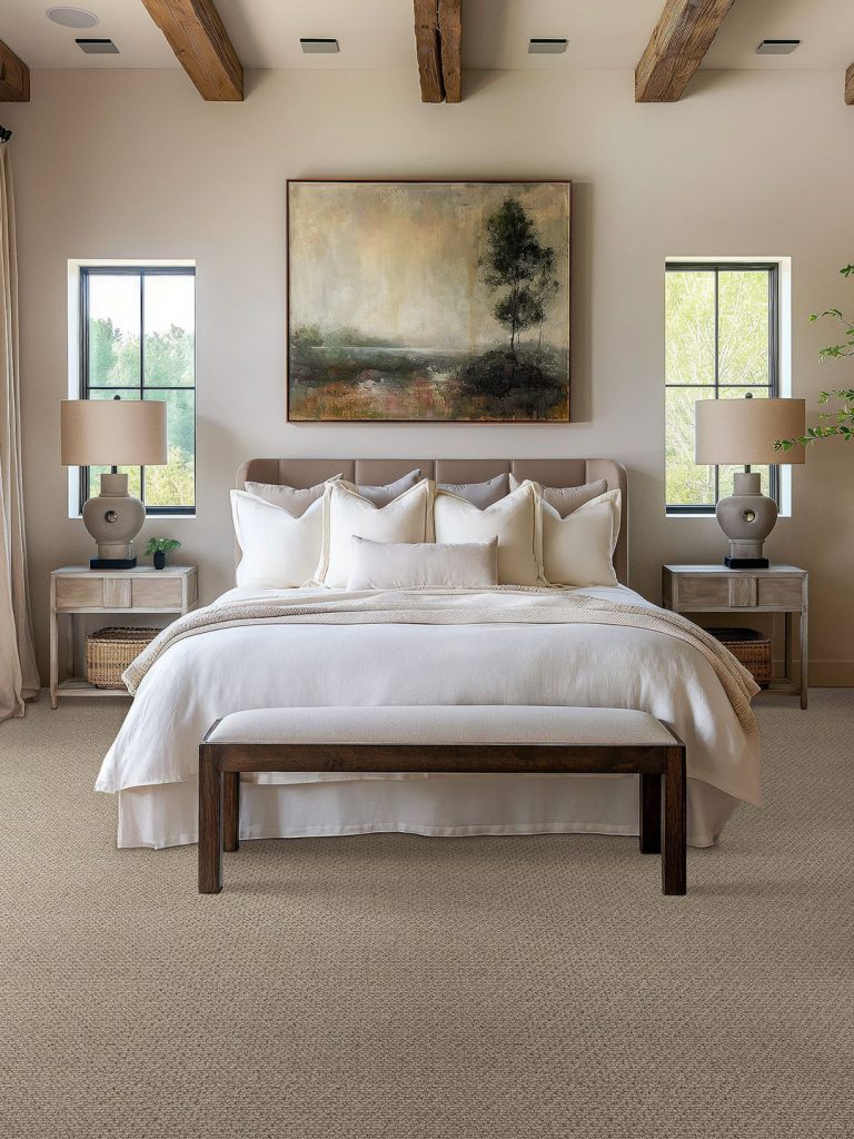 A brown patterned rug with a large white bed and watercolor picture of a tree.