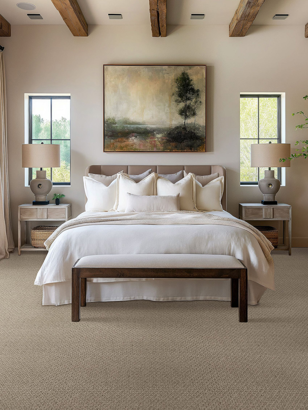 A brown patterned rug with a large white bed and watercolor picture of a tree.