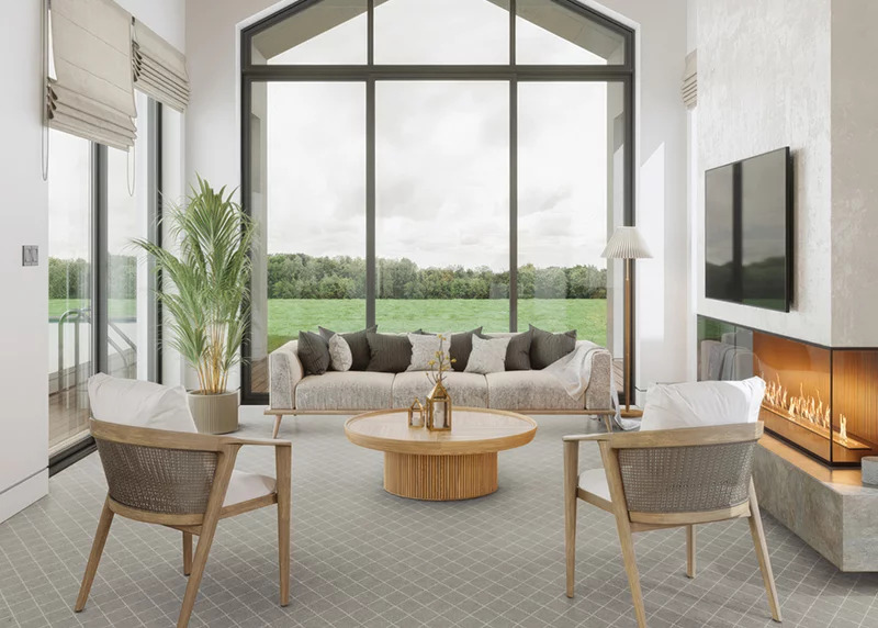 A gray diamond patterned broadloom carpet in a living room with large windows showing a green field and trees in the background.