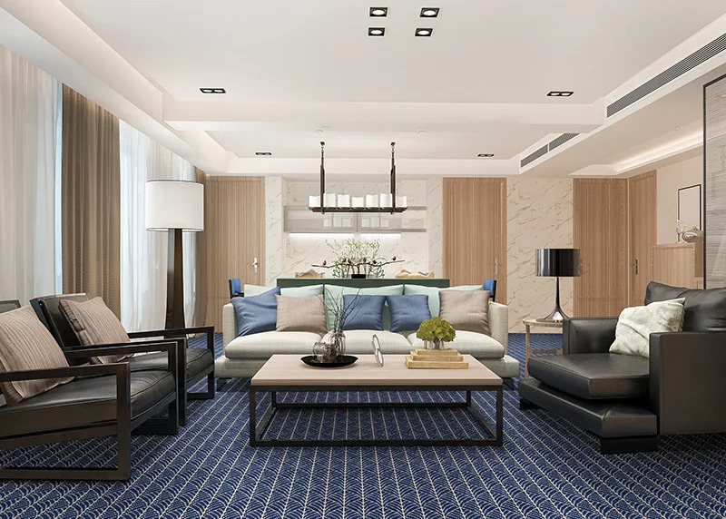 A blue and white patterned broadloom carpet in a living room setting.