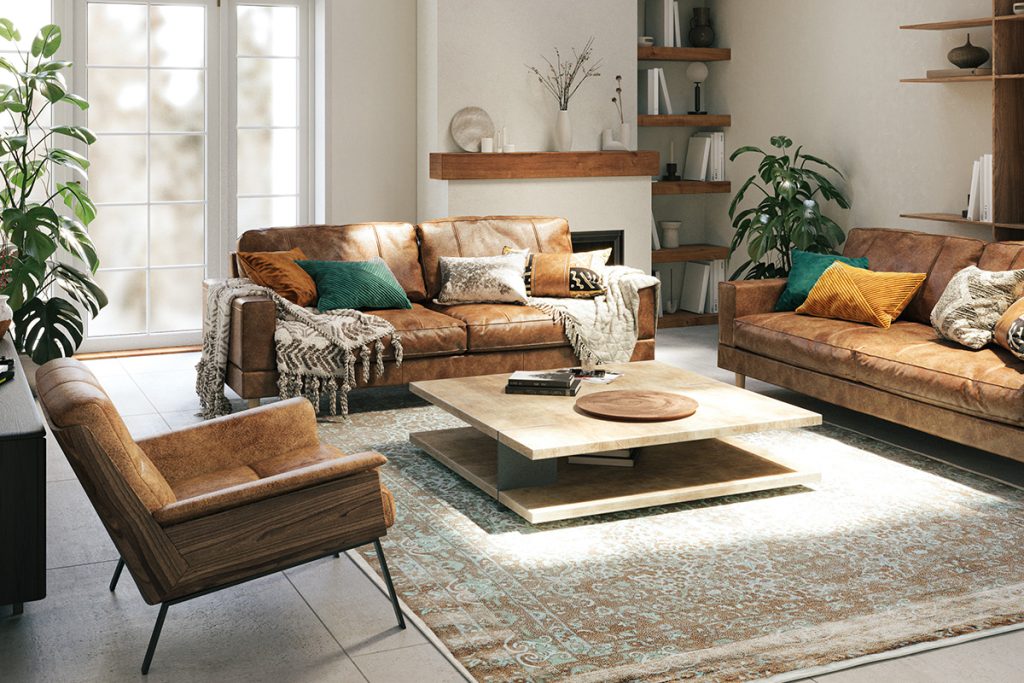 A brown and light blue oriental rug in a warm living room setting to illustrate our End of Summer Clearance Sale.