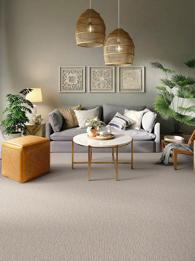A gray Masland carpet in a living room setting.
