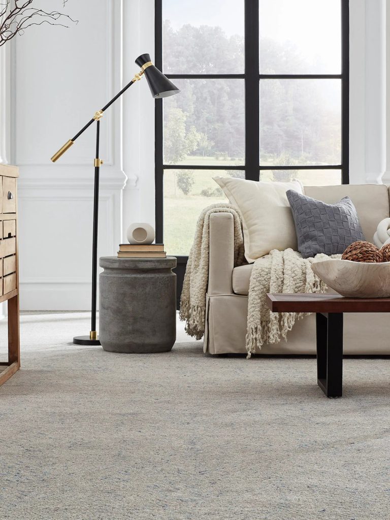 A gray Masland carpet speckled with blue in a living room setting.