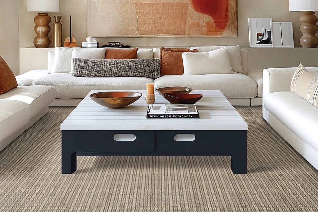 A light brown carpet with dark brown and burnt orange lines in a living room setting to highlight Karastan carpet.