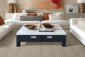 A light brown carpet with dark brown and burnt orange lines in a living room setting to highlight Karastan carpet.