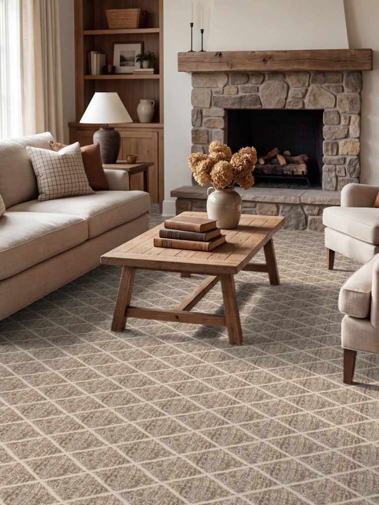 A diamond pattern carpet by Masland in a living room setting 